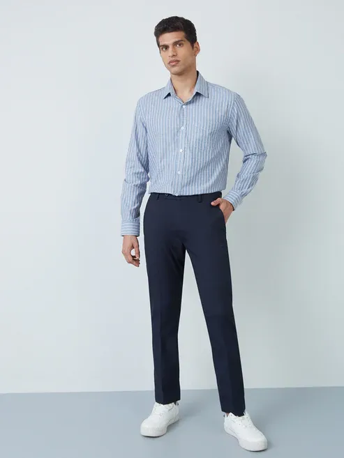 Formals Navy Slim-Fit Mid-Rise Trousers