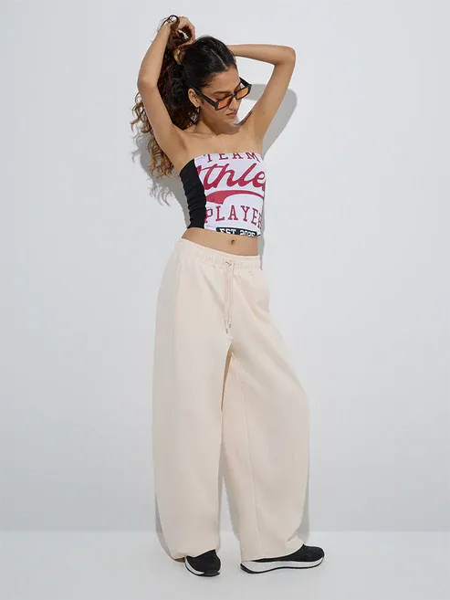 Beige Solid High-Rise Cotton Track Pants