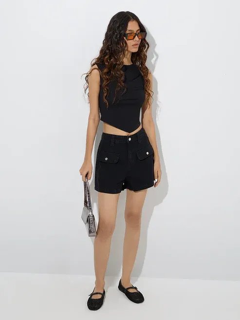 Black High-Rise Denim Shorts