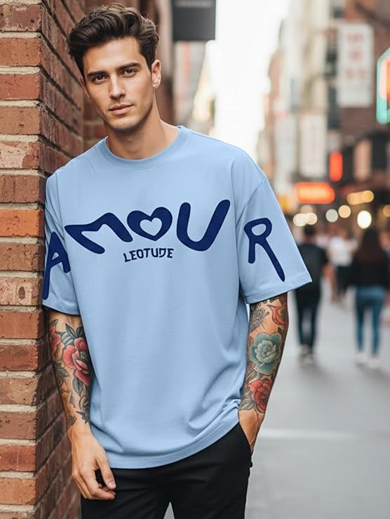 Half Sleeve Cottonblend Graphic Print Round Neck Drop Shoulder Oversized Dailywear Tshirt for Man