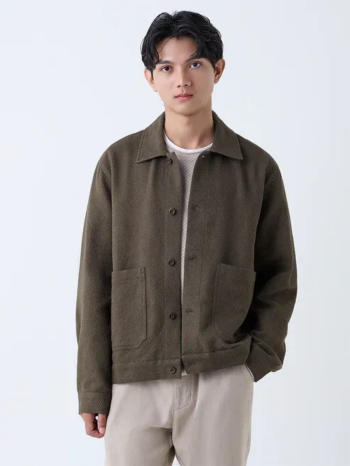 Olive Textured Relaxed-Fit Cotton Jacket