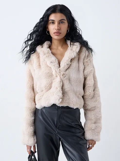 Beige Hooded Fur Jacket