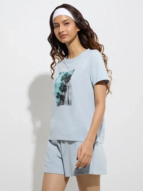 Dusty Blue Printed Cotton T-Shirt