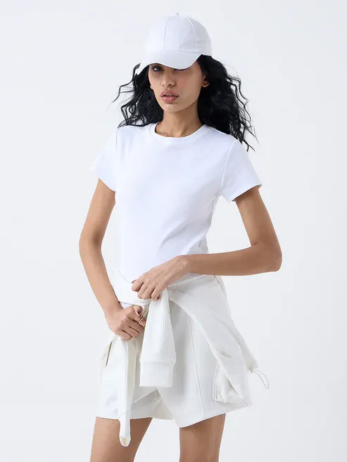 White Ribbed Cotton-Blend T-Shirt
