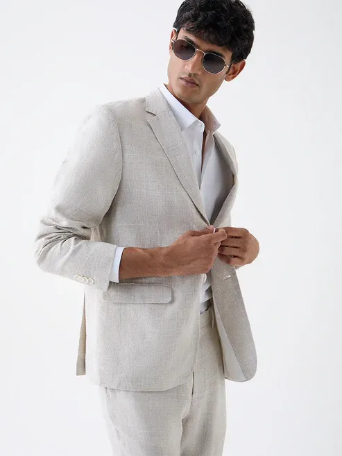 Beige Checkered Relaxed-Fit Linen Blazer