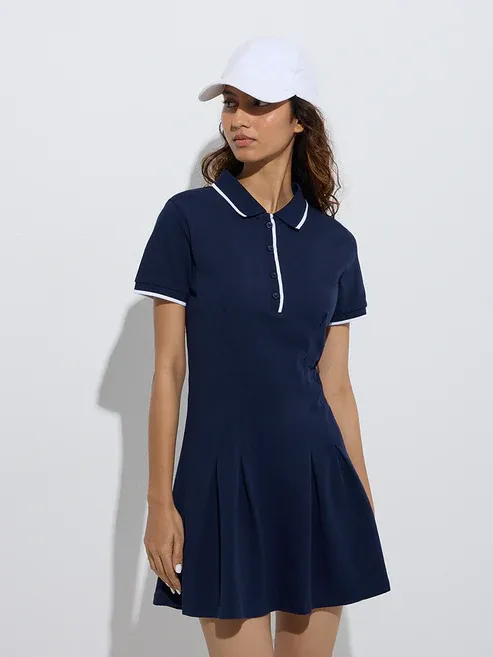 Navy Pleated A-Line Dress