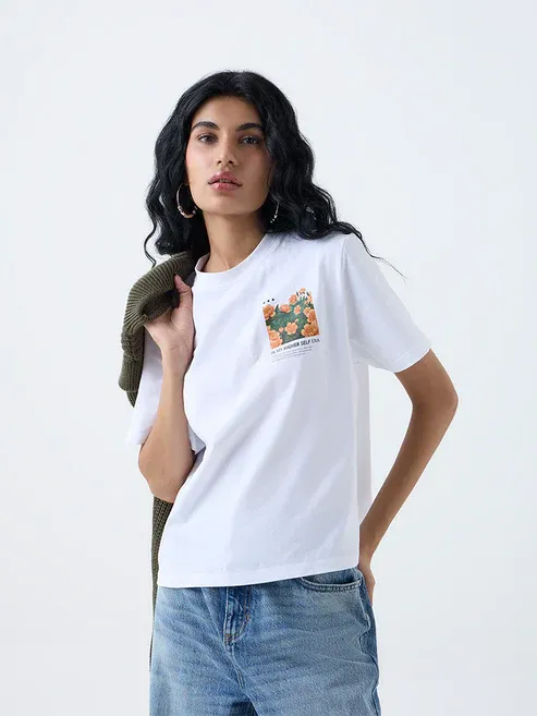 White Printed Cotton T-Shirt