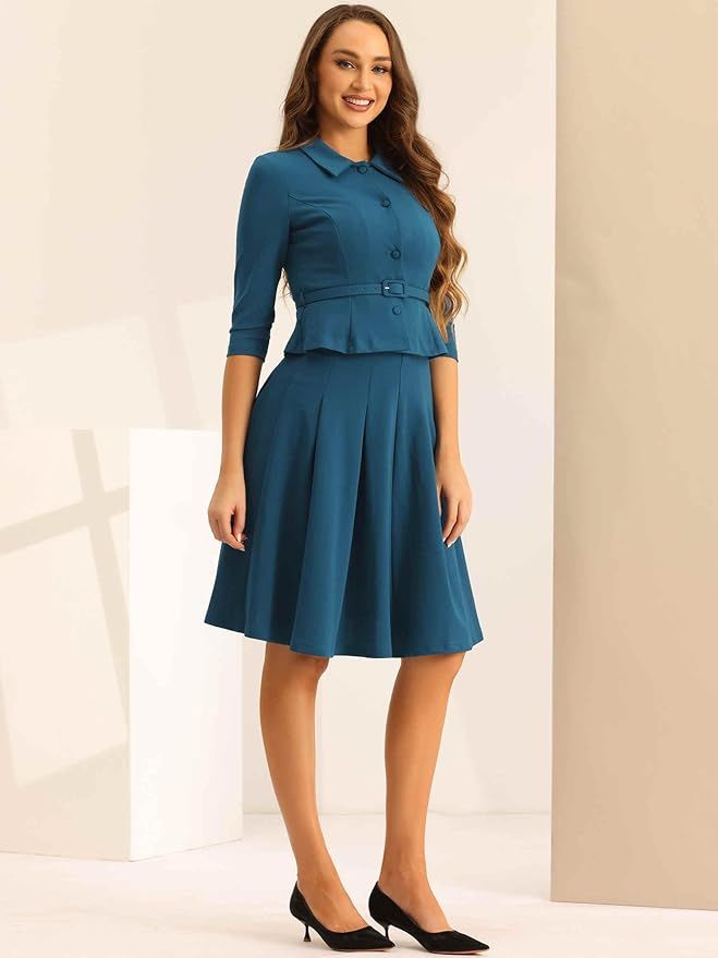 Business Skirt Suit Sets for Women's 2 Piece Outfits Office 3/4 Sleeve Blazer Jacket Pleated Skirts