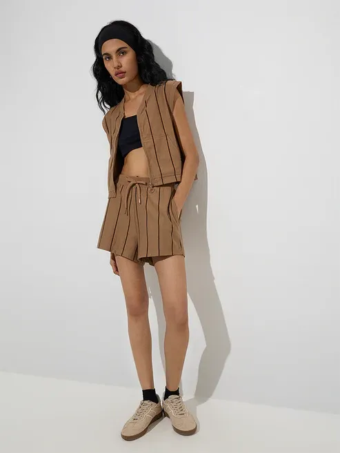Brown Stripe Pattern High-Rise Cotton Shorts