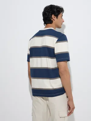 Casuals Navy Stripe Printed Relaxed-Fit Cotton T-Shirt