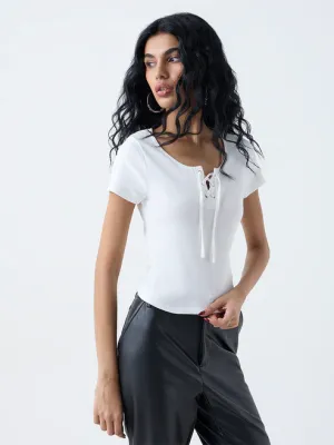 White Ribbed Criss-Cross Design Top