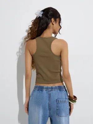 Olive Ribbed-Textured Cotton-Blend Tank Top