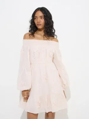 Off-White Floral Cotton Off-Shoulder Dress