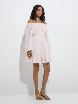 Off-White Floral Cotton Off-Shoulder Dress