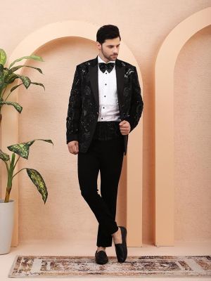 Men's Black Designer Tuxedo Set with Trousers, Shirt & Bow Tie