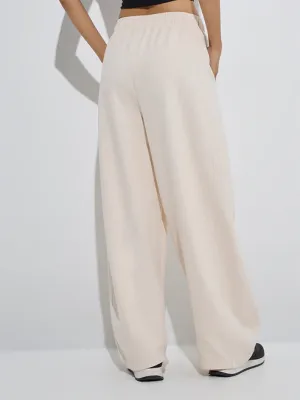 Beige Solid High-Rise Cotton Track Pants