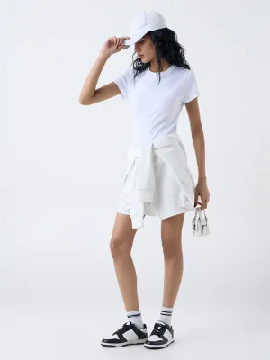 White Ribbed Cotton-Blend T-Shirt