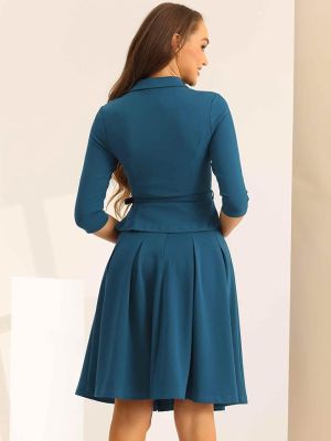 Business Skirt Suit Sets for Women's 2 Piece Outfits Office 3/4 Sleeve Blazer Jacket Pleated Skirts