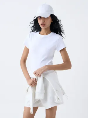 White Ribbed Cotton-Blend T-Shirt
