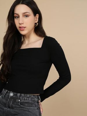 Women’s Ribbed Square Neck Crop Top – Full Sleeves