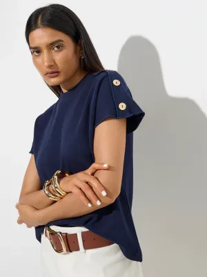 Navy Solid Cotton-Blend Top