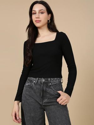 Women’s Ribbed Square Neck Crop Top – Full Sleeves