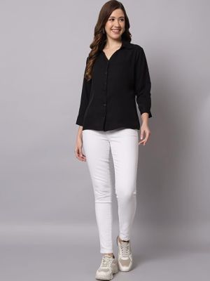 Women's Crepe Regular Fit Solid V Collered Casual Shirt