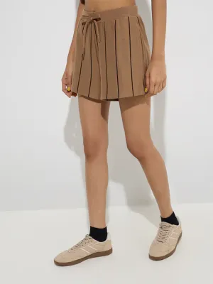 Brown Stripe Pattern High-Rise Cotton Shorts