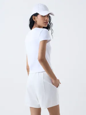 White Ribbed Cotton-Blend T-Shirt