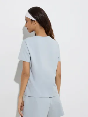 Dusty Blue Printed Cotton T-Shirt