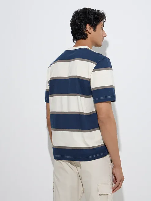 Casuals Navy Stripe Printed Relaxed-Fit Cotton T-Shirt