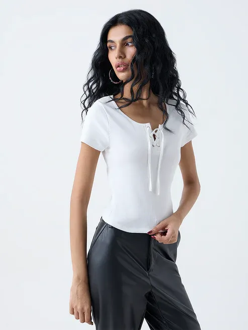 Product White Ribbed Criss-Cross Design Top Image