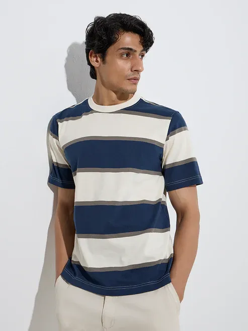 Casuals Navy Stripe Printed Relaxed-Fit Cotton T-Shirt