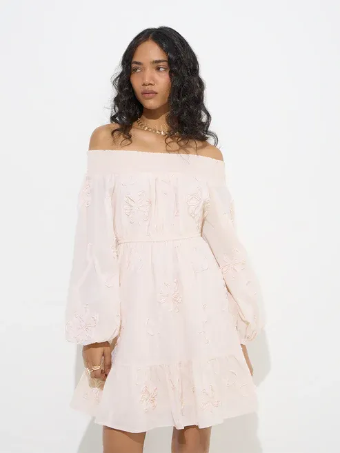 Product Off-White Floral Cotton Off-Shoulder Dress Image