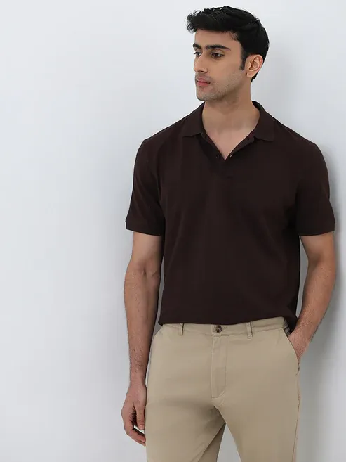 Product Casuals Brown Relaxed-Fit Cotton-Blend Polo T-Shirt Image