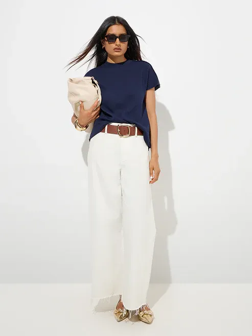 Navy Solid Cotton-Blend Top