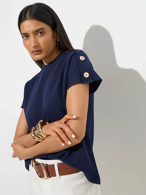 Navy Solid Cotton-Blend Top