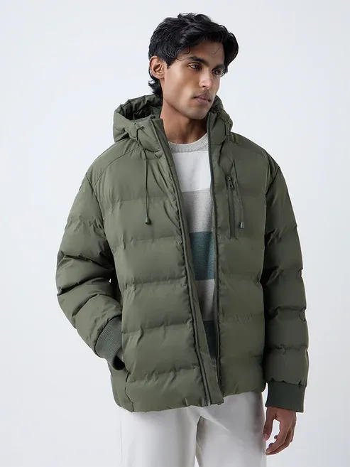 Product Casuals Olive Solid Relaxed-Fit Puffer Jacket Image