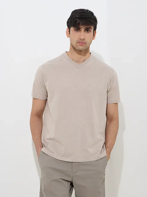 Product Casuals Beige Slim-Fit Cotton T-Shirt Image