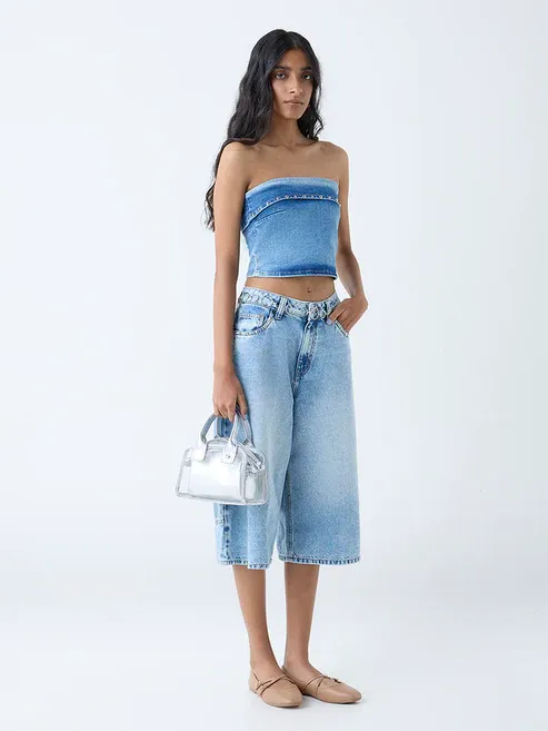 Product Light Blue Faded Mid-Rise Denim Jorts Image