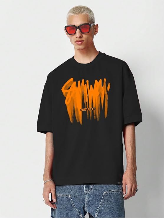 Product Half Sleeve Oversized Cottonblend Round Neck Printed Men's T-Shirt (Color Black) Image