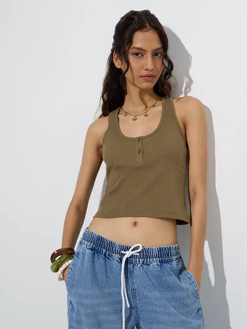 Product Olive Ribbed-Textured Cotton-Blend Tank Top Image