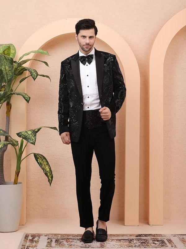 Product Men's Black Designer Tuxedo Set with Trousers, Shirt & Bow Tie Image